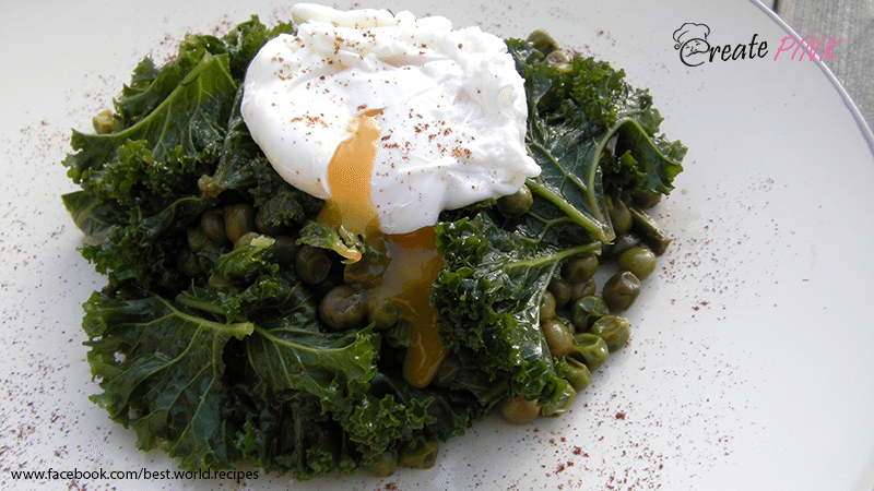 kale and peas with poached egg